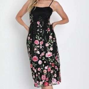 Lulu's Blooming For Love Black Floral Embroidered Midi Dress NWOT
